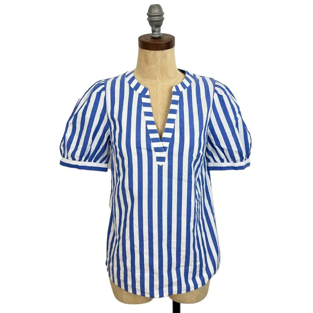 J.CREW Poplin Striped Short-Sleeve Top XXS Blue White Puff Sleeve NWT B30